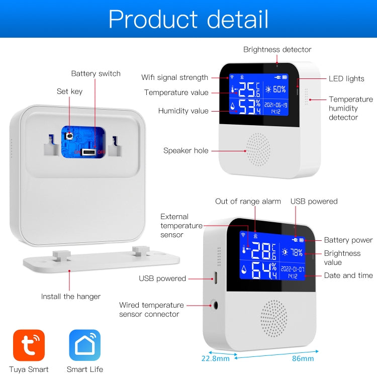Cảm biến nhiệt độ và độ ẩm Tuya WIFI với màn hình LCD 2.9 inch, thông số: chỉ cảm biến, có dây cảm biến