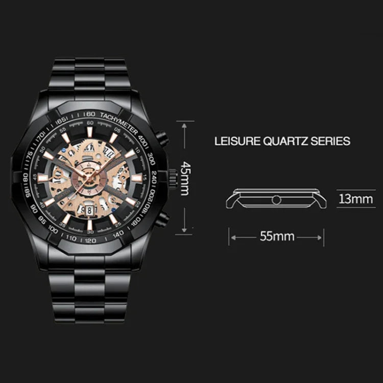 Đồng hồ quartz phát sáng chống nước cơ khí rỗng 30m BINBOND S033, thép đen-vàng đen, thép đen-hồng vàng đen, vàng toàn bộ-vàng đen, thép xanh-xanh