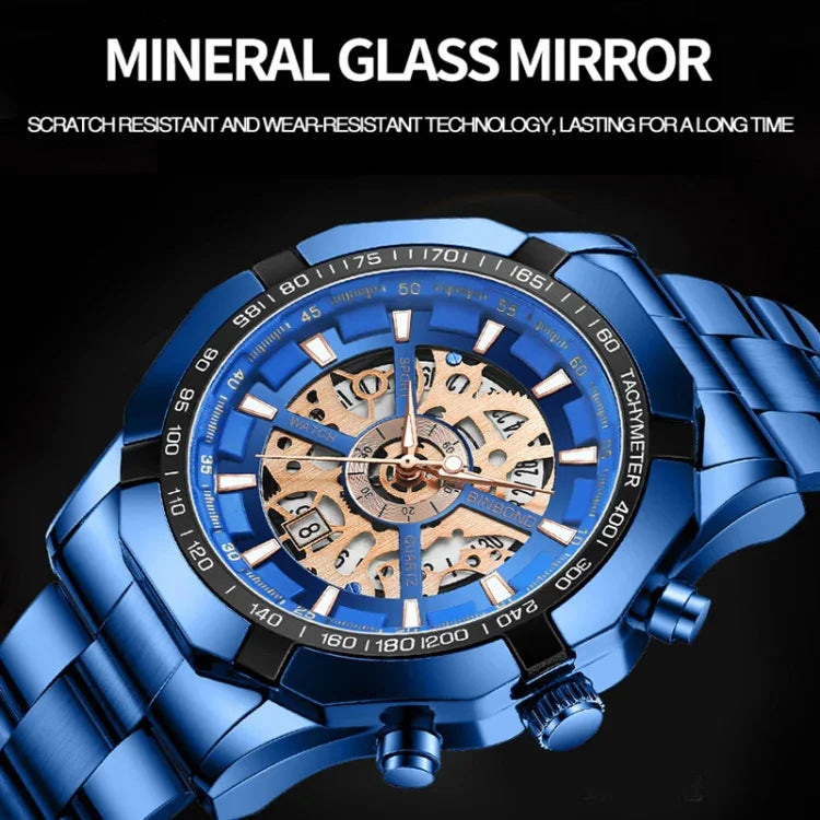Đồng hồ quartz phát sáng chống nước cơ khí rỗng 30m BINBOND S033, thép đen-vàng đen, thép đen-hồng vàng đen, vàng toàn bộ-vàng đen, thép xanh-xanh