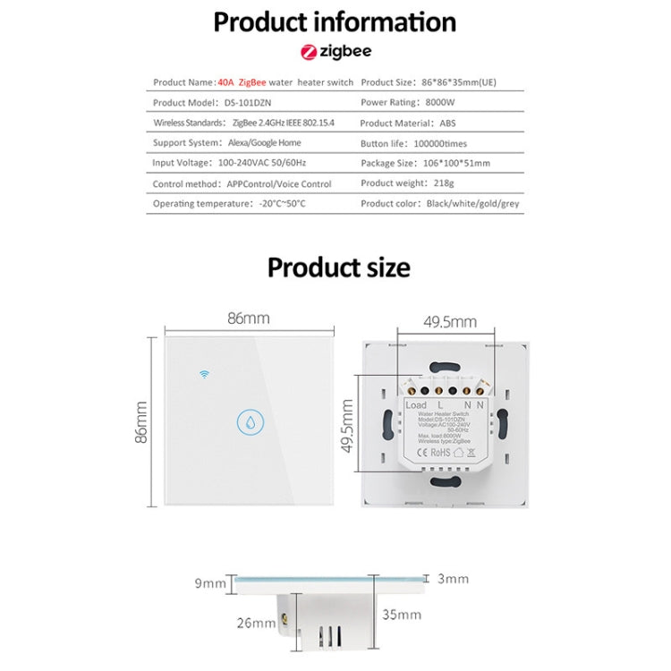 Công tắc điều khiển từ xa thông minh Tuya ZigBee 40A công suất cao cho bình nước nóng, đèn, điều hòa, hẹn giờ, giọng nói, ZigBee 40A màu trắng, ZigBee 40A màu đen