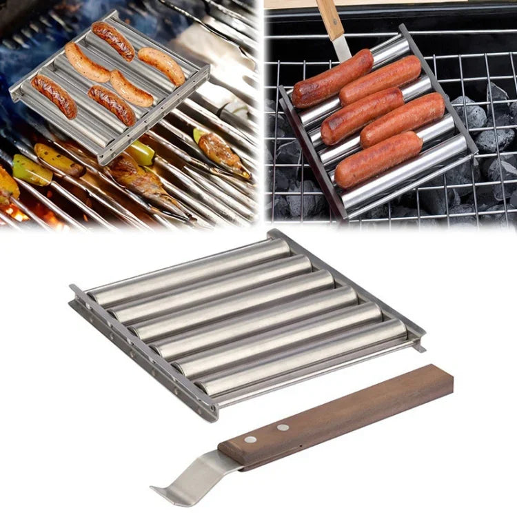 Giá nướng xúc xích Hot Dog bằng thép không gỉ, tay cầm gỗ, dụng cụ bếp BBQ, giá nướng xúc xích Hot Dog