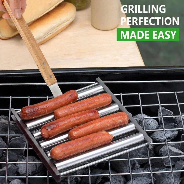 Giá nướng xúc xích Hot Dog bằng thép không gỉ, tay cầm gỗ, dụng cụ bếp BBQ, giá nướng xúc xích Hot Dog