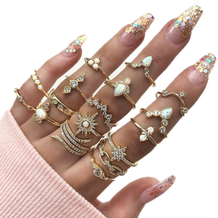 Bộ 17 chiếc nhẫn hợp kim phong cách Bohemian đính kim cương