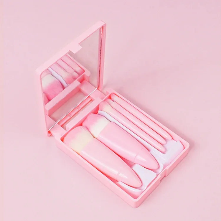 Bộ 5 cọ trang điểm di động kích thước trung bình kèm gương, cọ trang điểm mini đa chức năng, màu nâu, đỏ hồng, hồng, xanh huỳnh quang