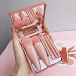 Bộ 5 cọ trang điểm di động kích thước trung bình kèm gương, cọ trang điểm mini đa chức năng, màu nâu, đỏ hồng, hồng, xanh huỳnh quang