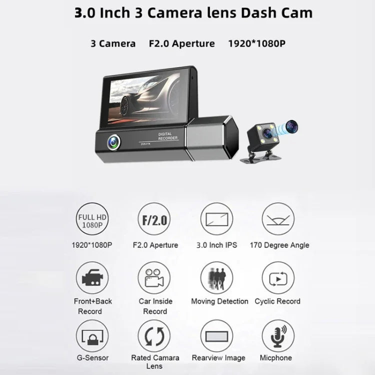 Máy ghi hình lái xe đa ngôn ngữ 3 ống kính video HD 1080P, F10