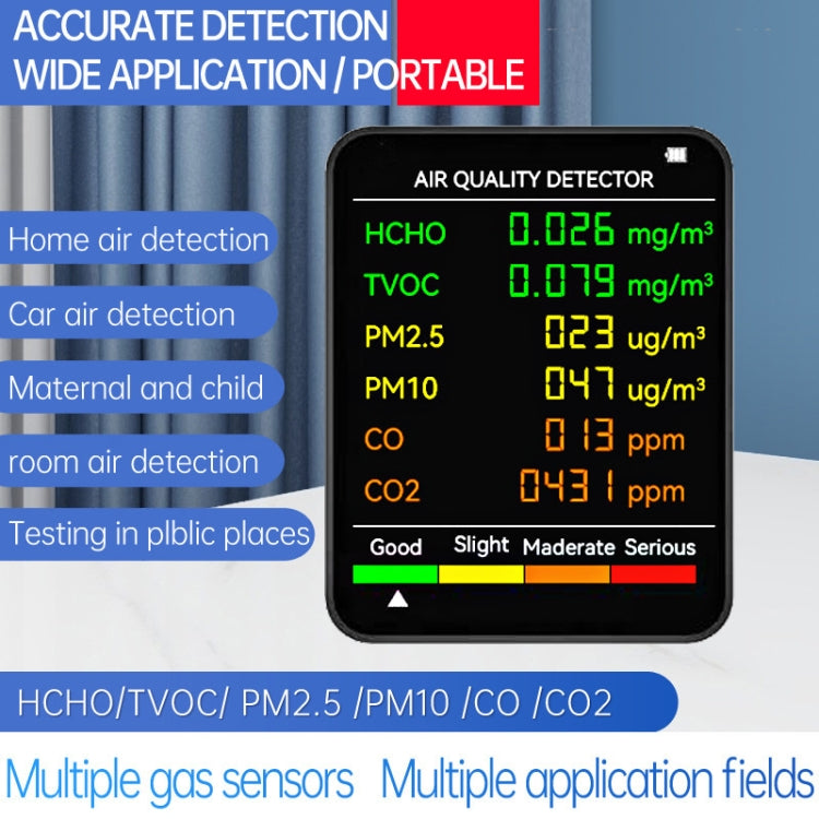Máy đo chất lượng không khí PM2.5/PM10 trong nhà, máy đo chất lượng không khí 6 trong 1 màu trắng, máy đo chất lượng không khí 6 trong 1 màu đen