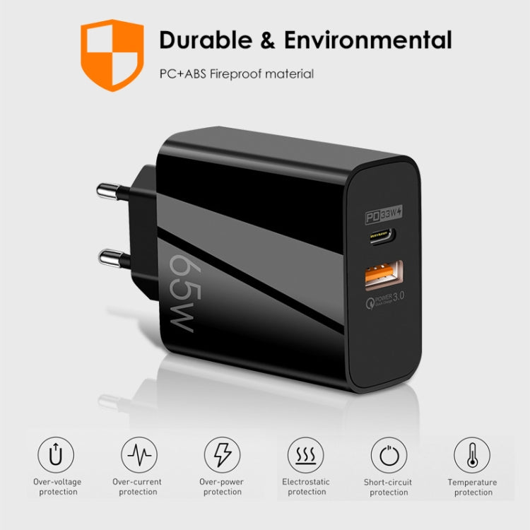 Bộ sạc GaN 65W cổng đôi USB-C/Type-C+USB A502, sạc nhanh QC3.0 cho laptop đa năng, phích cắm EU màu đen, phích cắm EU màu trắng, phích cắm US màu đen, phích cắm US màu trắng, phích cắm UK màu đen, phích cắm UK màu trắng