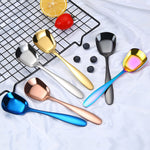 Muỗng nhỏ bằng thép không gỉ 304, bóng, dày, đầu phẳng, đáy phẳng, muỗng phục vụ, màu thép không gỉ, vàng titan, vàng hồng, nhiều màu, đen, xanh dương