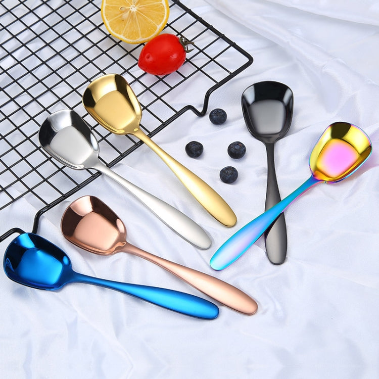 Muỗng nhỏ bằng thép không gỉ 304, bóng, dày, đầu phẳng, đáy phẳng, muỗng phục vụ, màu thép không gỉ, vàng titan, vàng hồng, nhiều màu, đen, xanh dương