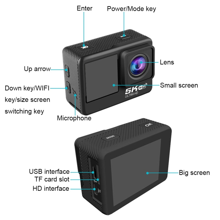 Camera thể thao chống rung IP68 màn hình kép cảm ứng từ xa WIFI HD 5K/30FPS, Camera 5K + thẻ 64G, Camera 5K + thẻ 128G