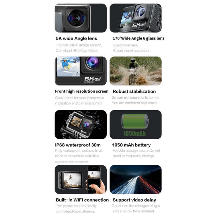Camera thể thao chống rung IP68 màn hình kép cảm ứng từ xa WIFI HD 5K/30FPS, Camera 5K + thẻ 64G, Camera 5K + thẻ 128G