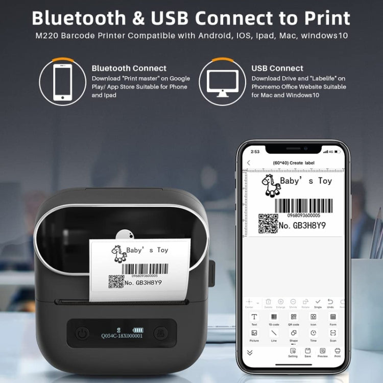 Máy in nhãn nhiệt Bluetooth Phomemo M220 cho nhãn trang sức và quần áo, M220