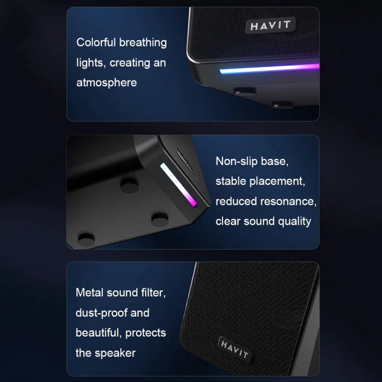 Loa âm thanh máy tính Havit A20 Plus có dây, âm thanh vòm stereo với đèn nền nhiều màu, đen, phiên bản Bluetooth