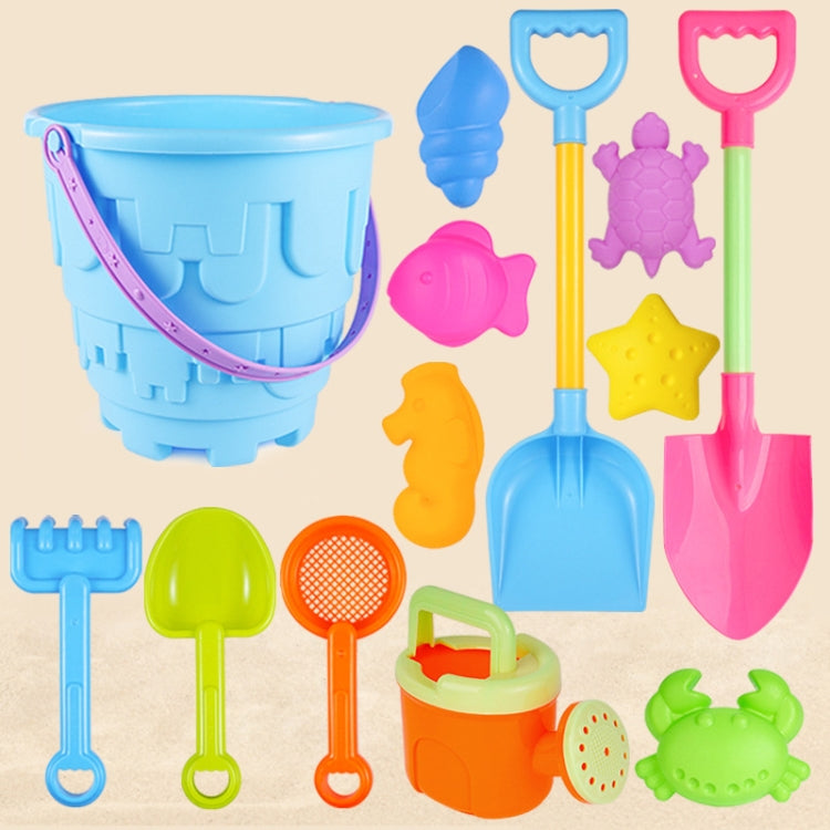 Bộ đồ chơi bãi biển trẻ em 13 món, xẻng cát lớn, xô, dụng cụ đào cát, đồng hồ cát, lâu đài tròn xanh, lâu đài tròn hồng, lâu đài tròn xanh lá, thùng ren xanh, thùng ren hồng, thùng ren tím, lâu đài vuông xanh, lâu đài vuông hồng