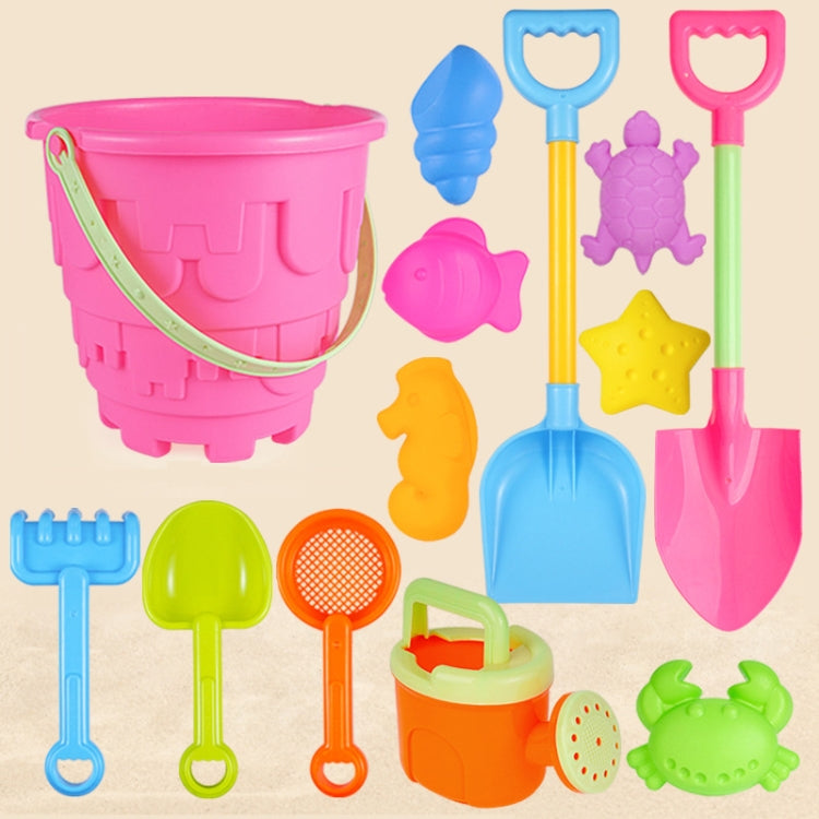 Bộ đồ chơi bãi biển trẻ em 13 món, xẻng cát lớn, xô, dụng cụ đào cát, đồng hồ cát, lâu đài tròn xanh, lâu đài tròn hồng, lâu đài tròn xanh lá, thùng ren xanh, thùng ren hồng, thùng ren tím, lâu đài vuông xanh, lâu đài vuông hồng