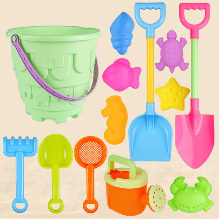 Bộ đồ chơi bãi biển trẻ em 13 món, xẻng cát lớn, xô, dụng cụ đào cát, đồng hồ cát, lâu đài tròn xanh, lâu đài tròn hồng, lâu đài tròn xanh lá, thùng ren xanh, thùng ren hồng, thùng ren tím, lâu đài vuông xanh, lâu đài vuông hồng