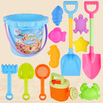 Bộ đồ chơi bãi biển trẻ em 13 món, xẻng cát lớn, xô, dụng cụ đào cát, đồng hồ cát, lâu đài tròn xanh, lâu đài tròn hồng, lâu đài tròn xanh lá, thùng ren xanh, thùng ren hồng, thùng ren tím, lâu đài vuông xanh, lâu đài vuông hồng