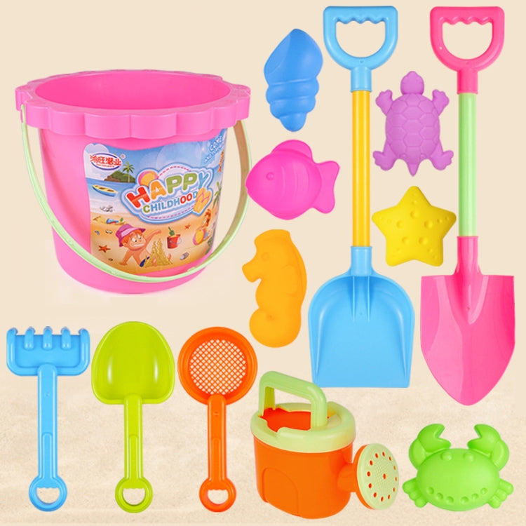 Bộ đồ chơi bãi biển trẻ em 13 món, xẻng cát lớn, xô, dụng cụ đào cát, đồng hồ cát, lâu đài tròn xanh, lâu đài tròn hồng, lâu đài tròn xanh lá, thùng ren xanh, thùng ren hồng, thùng ren tím, lâu đài vuông xanh, lâu đài vuông hồng