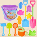 Bộ đồ chơi bãi biển trẻ em 13 món, xẻng cát lớn, xô, dụng cụ đào cát, đồng hồ cát, lâu đài tròn xanh, lâu đài tròn hồng, lâu đài tròn xanh lá, thùng ren xanh, thùng ren hồng, thùng ren tím, lâu đài vuông xanh, lâu đài vuông hồng