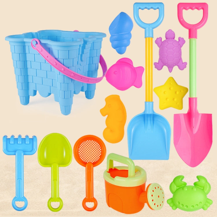 Bộ đồ chơi bãi biển trẻ em 13 món, xẻng cát lớn, xô, dụng cụ đào cát, đồng hồ cát, lâu đài tròn xanh, lâu đài tròn hồng, lâu đài tròn xanh lá, thùng ren xanh, thùng ren hồng, thùng ren tím, lâu đài vuông xanh, lâu đài vuông hồng