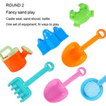 Bộ đồ chơi bãi biển trẻ em 13 món, xẻng cát lớn, xô, dụng cụ đào cát, đồng hồ cát, lâu đài tròn xanh, lâu đài tròn hồng, lâu đài tròn xanh lá, thùng ren xanh, thùng ren hồng, thùng ren tím, lâu đài vuông xanh, lâu đài vuông hồng