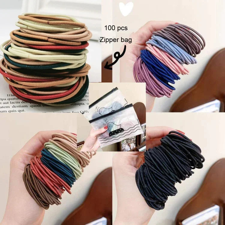 100 chiếc/bịch phụ kiện tóc co giãn, vòng tóc nylon, dây thun, băng đô