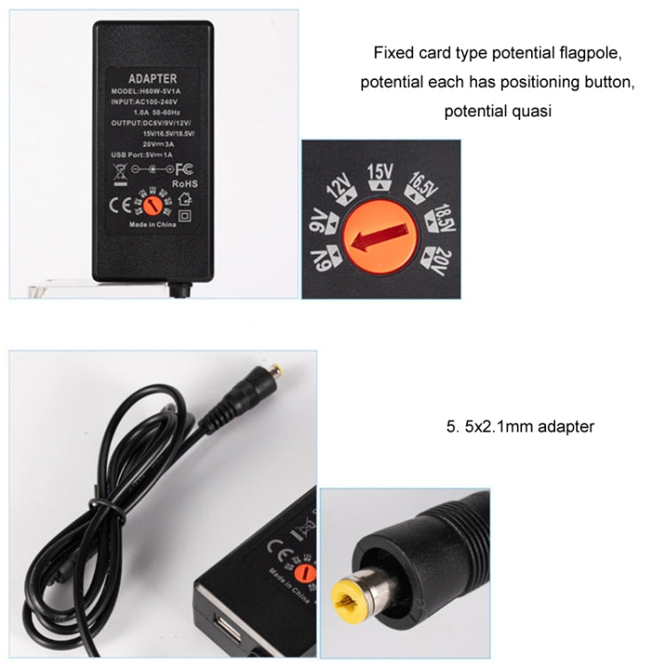 Adapter sạc nguồn DC điều chỉnh 65W 6-20V 3A, phích cắm US, phích cắm EU, phích cắm UK nhỏ, phích cắm AU, phích cắm UK lớn