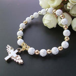 Gold Stamped Acrylic Angel Cross Bead Bracelet, Blue, White, Pink, Silver