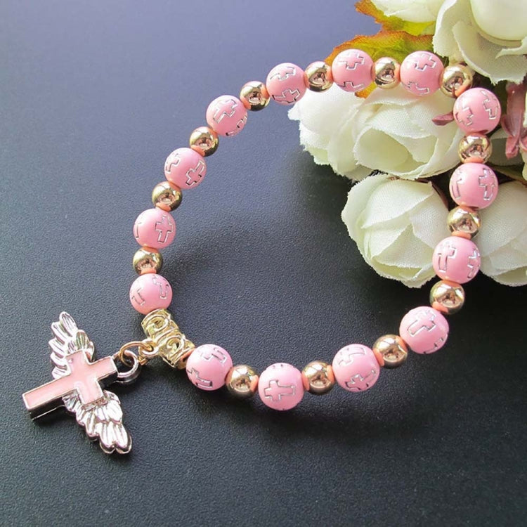 Gold Stamped Acrylic Angel Cross Bead Bracelet, Blue, White, Pink, Silver