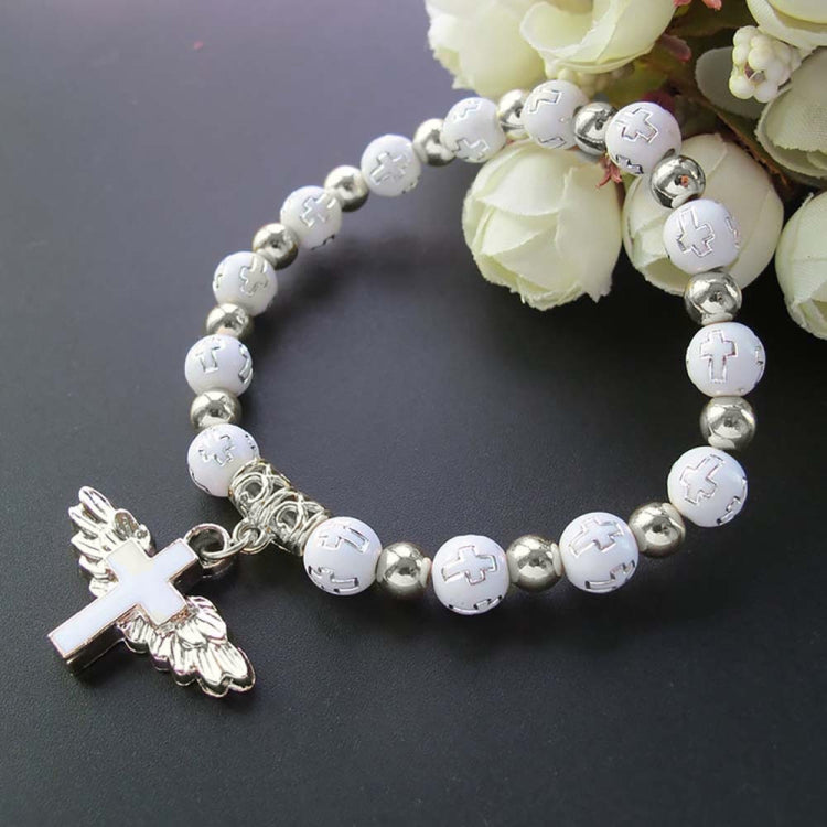 Gold Stamped Acrylic Angel Cross Bead Bracelet, Blue, White, Pink, Silver