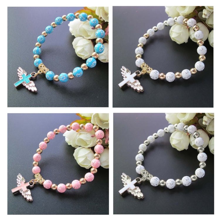 Gold Stamped Acrylic Angel Cross Bead Bracelet, Blue, White, Pink, Silver