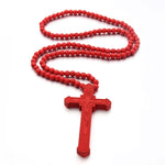 Cross Laser Engraved Wooden Bead Necklace, Red