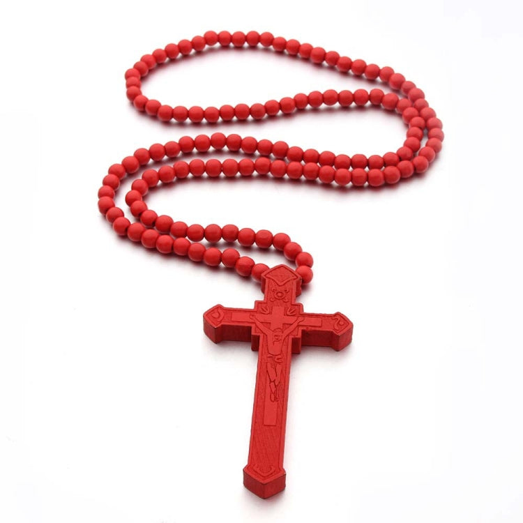 Cross Laser Engraved Wooden Bead Necklace, Red