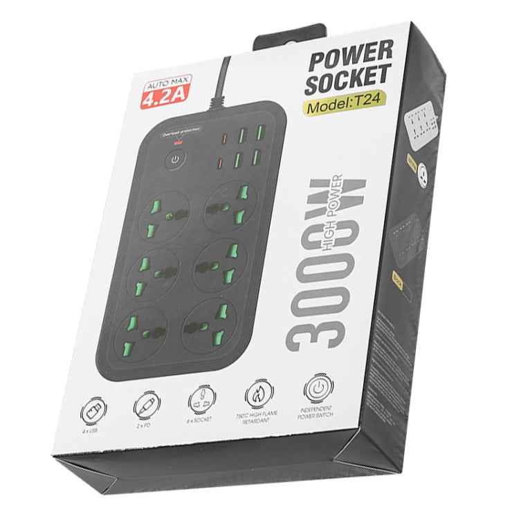 Ổ cắm đa năng chống cháy T24 2m 3000W 6 ổ cắm + PD + 4 cổng USB có công tắc, phích cắm UK, phích cắm US