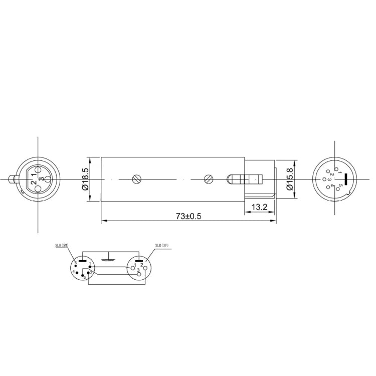 Vỏ hợp kim kẽm lớn, đầu nối XLR cái 3 chân sang XLR đực 5 chân, bộ chuyển đổi tín hiệu đèn DMX XLR