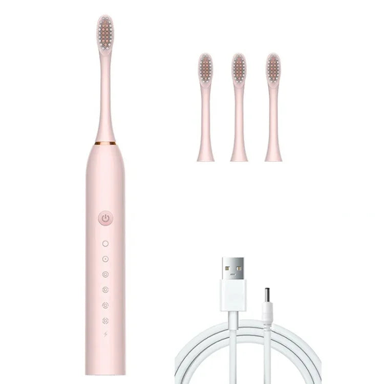 Bàn chải điện siêu âm sạc lại được với lông mềm, 6 cấp độ, kèm 4 bàn chải thay thế