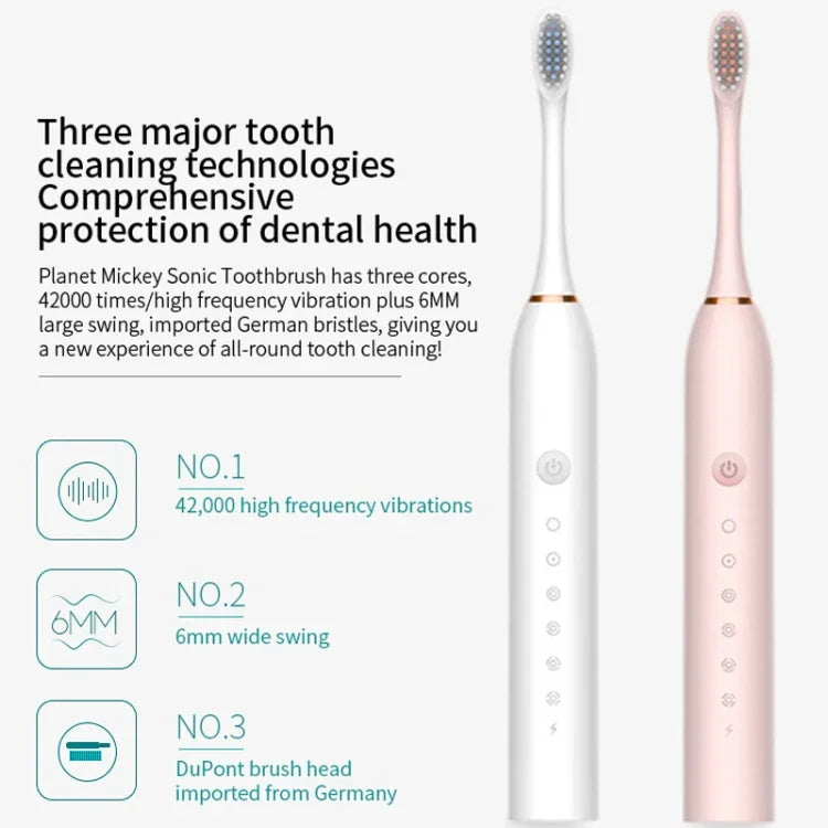 Bàn chải điện siêu âm sạc lại được với lông mềm, 6 cấp độ, kèm 4 bàn chải thay thế