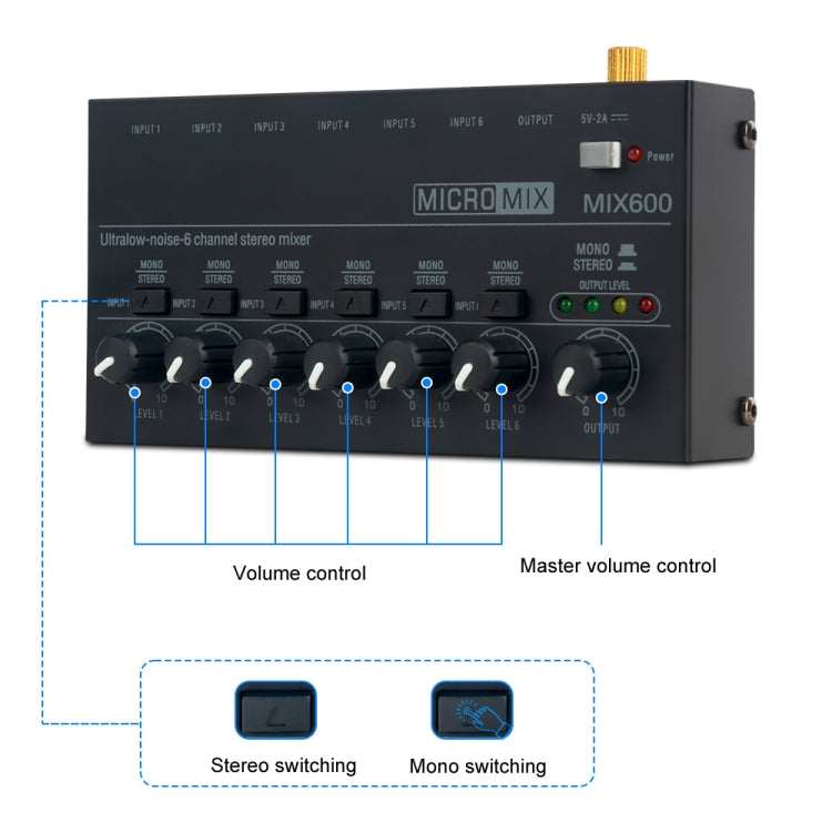 Bộ trộn âm thanh stereo 6 kênh siêu nhỏ gọn, ít ồn, phích cắm Mỹ, MIX600
