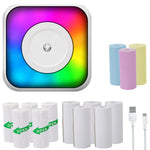 Máy in nhãn mini Bluetooth di động có đèn RGB, in không dùng mực, kèm 1 cuộn giấy, kèm 5 cuộn giấy, kèm 5 cuộn nhãn dán, kèm 5 giấy + 5 nhãn + 3 giấy màu