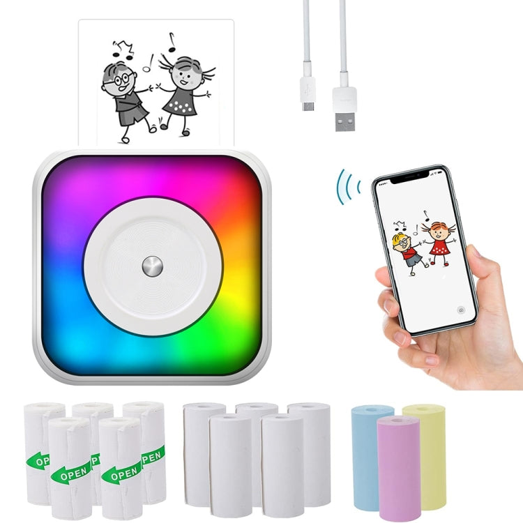 Máy in nhãn mini Bluetooth di động có đèn RGB, in không dùng mực, kèm 1 cuộn giấy, kèm 5 cuộn giấy, kèm 5 cuộn nhãn dán, kèm 5 giấy + 5 nhãn + 3 giấy màu