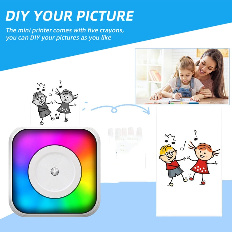 Máy in nhãn mini Bluetooth di động có đèn RGB, in không dùng mực, kèm 1 cuộn giấy, kèm 5 cuộn giấy, kèm 5 cuộn nhãn dán, kèm 5 giấy + 5 nhãn + 3 giấy màu