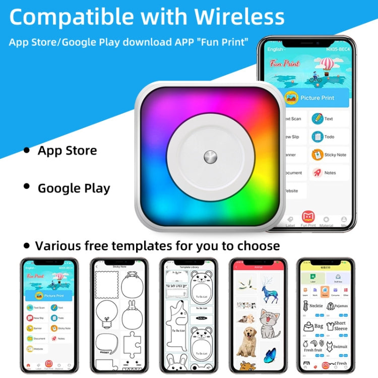Máy in nhãn mini Bluetooth di động có đèn RGB, in không dùng mực, kèm 1 cuộn giấy, kèm 5 cuộn giấy, kèm 5 cuộn nhãn dán, kèm 5 giấy + 5 nhãn + 3 giấy màu