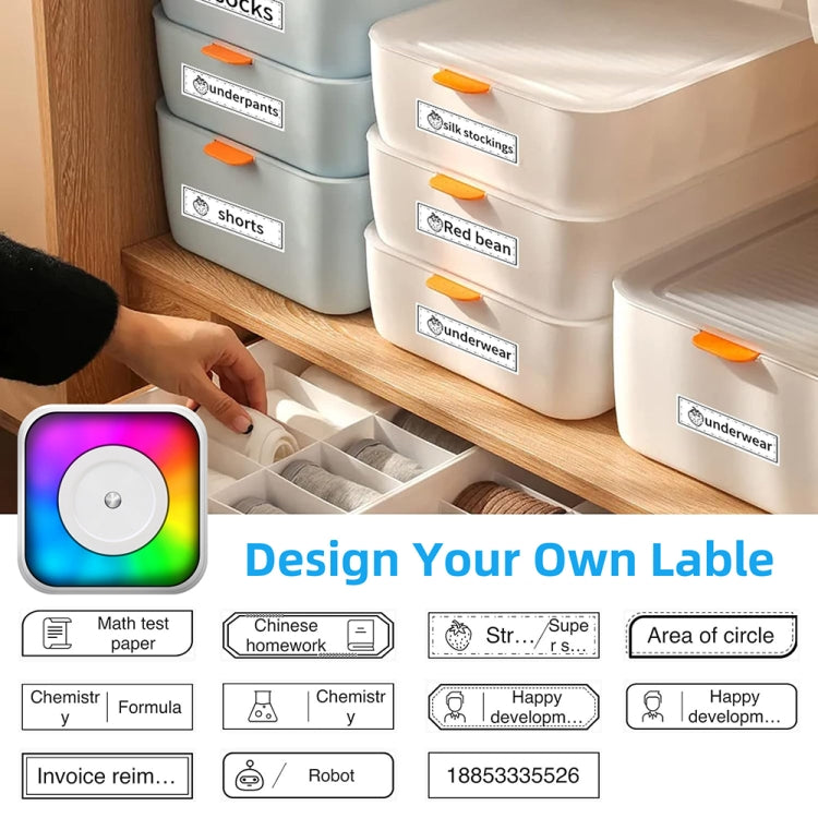 Máy in nhãn mini Bluetooth di động có đèn RGB, in không dùng mực, kèm 1 cuộn giấy, kèm 5 cuộn giấy, kèm 5 cuộn nhãn dán, kèm 5 giấy + 5 nhãn + 3 giấy màu