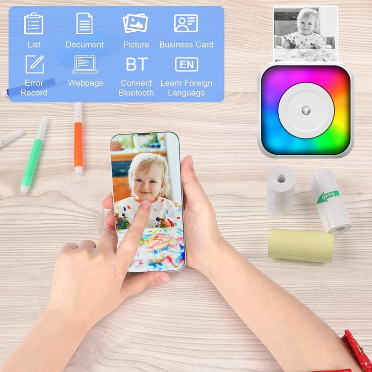 Máy in nhãn mini Bluetooth di động có đèn RGB, in không dùng mực, kèm 1 cuộn giấy, kèm 5 cuộn giấy, kèm 5 cuộn nhãn dán, kèm 5 giấy + 5 nhãn + 3 giấy màu