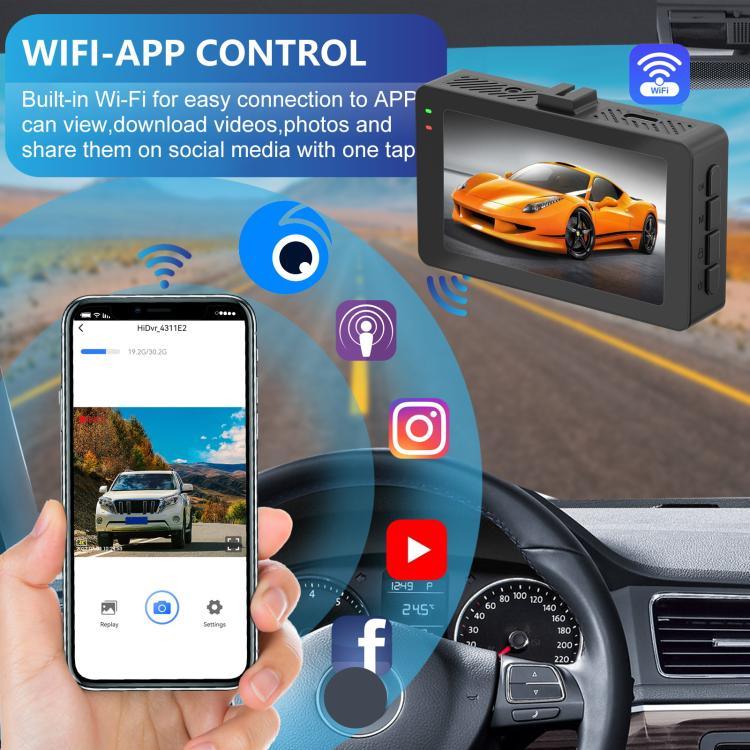Máy ghi hình lái xe kết nối WiFi 3 inch với camera kép trước 4K + sau 2K HD, A5