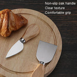 Bộ 4 món dao phô mai, xẻng phô mai hộp gỗ sồi tròn, dụng cụ phô mai inox, màu thép, đen, vàng