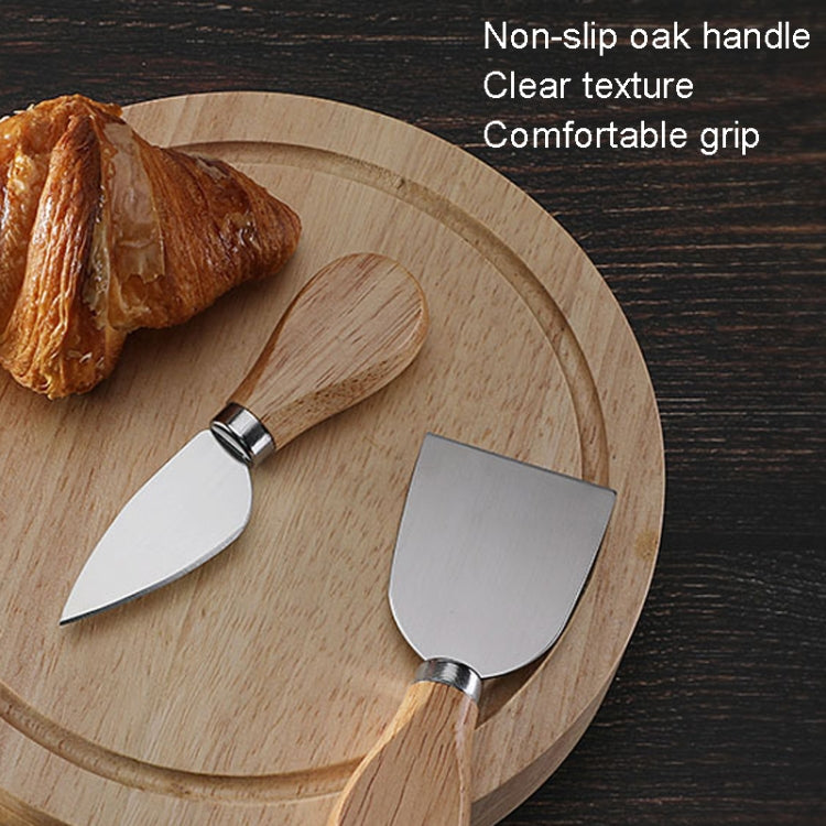Bộ 4 món dao phô mai, xẻng phô mai hộp gỗ sồi tròn, dụng cụ phô mai inox, màu thép, đen, vàng
