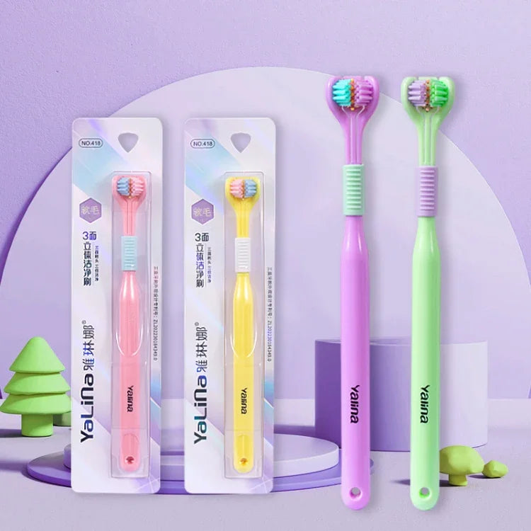 Bàn chải đánh răng ba mặt lông mềm hình chữ V 360 độ YALINA, 418 người lớn màu hồng, 418 người lớn màu tím, A22 trẻ em màu hồng, A22 trẻ em màu vàng, A22 trẻ em màu xanh