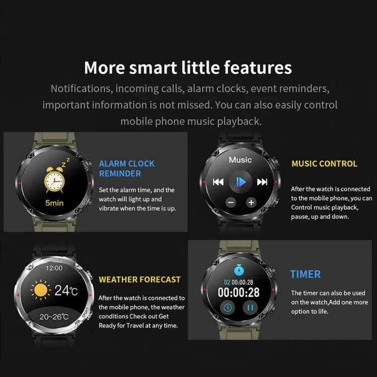 T30 đồng hồ thông minh thể thao ngoài trời chống nước 1,6 inch nghe nhạc gọi Bluetooth, Màu đen, Xanh đậm, Thép đen+Silicone, Lưới đen+Silicone